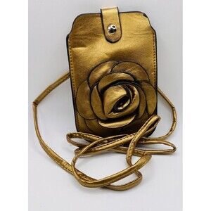 Fashion Floral Faux Leather Pewter Rosette Wristlet Mini Purse Phone Case Strap